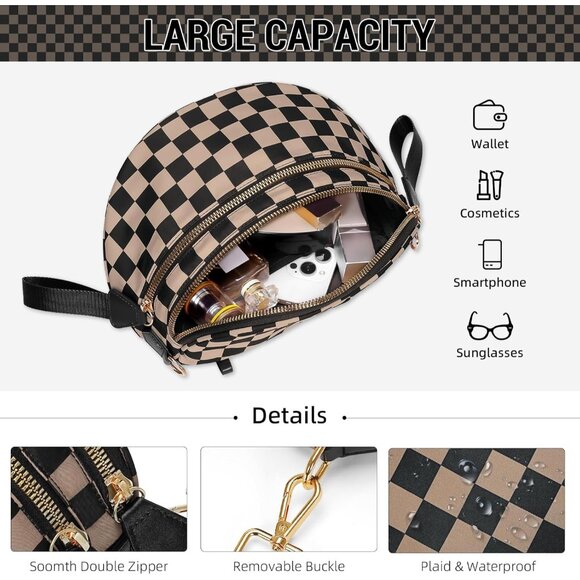 Checkered Nylon Crossbody Bag for Women Large Fanny Pack with Multiple Compartme - Picture 3 of 6